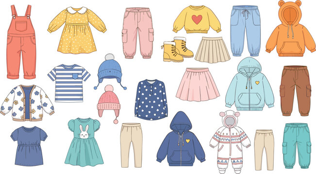 Cute Kids Clothing Collection Vector Set Featuring Hoodies Dresses Pants Hats and Baby Fashion Apparel Isolated on White
