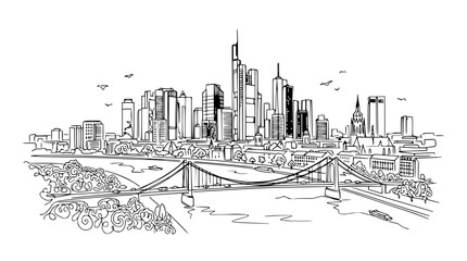 Naklejka premium Modern City Skyline Sketch with Bridge and River, Black and White Hand-Drawn Illustration