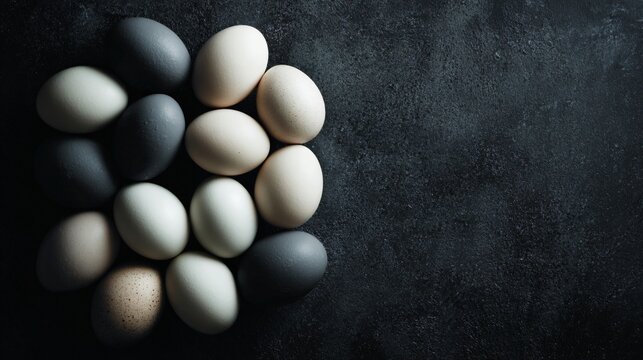 Charcoal matte background with eggs arranged in a small square cluster in one corner, sharp contrast between dense and empty areas
