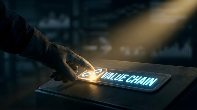 Gloved hand pressing glowing digital value chain button in dark industrial setting for business optimization