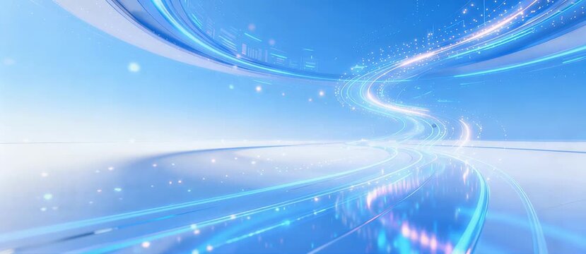Dynamic blue light trails creating a flowing, abstract digital data stream on a bright technological background. Representing speed, connectivity, and futuristic innovation with vibrant energy