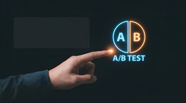 Hand pointing at glowing ab test split circle on dark digital background with modern style