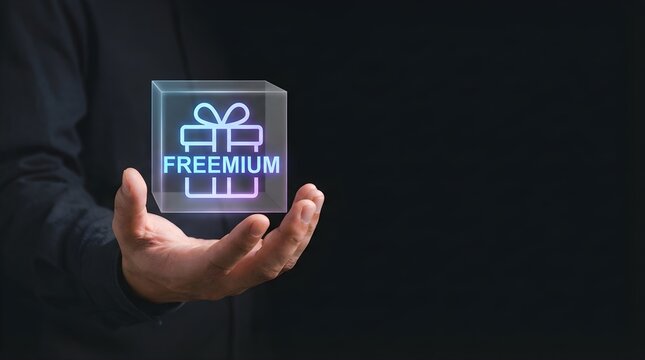 Business professional holding a glowing digital freemium gift box icon for marketing strategy and software growth