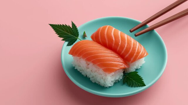 Sushi rolls with salmon on rice garnished with green leaves, being picked up with chopsticks against a pastel pink background in a close-up view