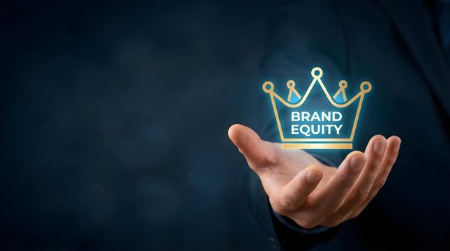 Businessman holding glowing digital crown icon representing strategic brand equity and corporate success