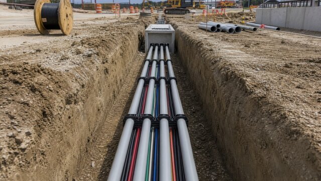 Underground utility installation at a construction site. A deep trench holds multiple conduits with colorful electrical or fiber optic cables, ready for burial.