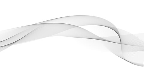 Obraz premium Abstract illustration featuring flowing shapes. Gray, black waves on white background. Minimalist design, wavy lines. Modern style, 3D render. Horizontal banner. Creative concept. Ideal for tech,