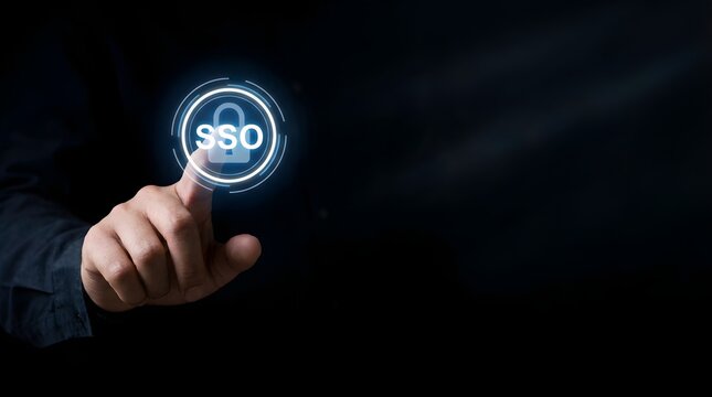 Finger activating sso single sign on button with glowing blue light on dark background