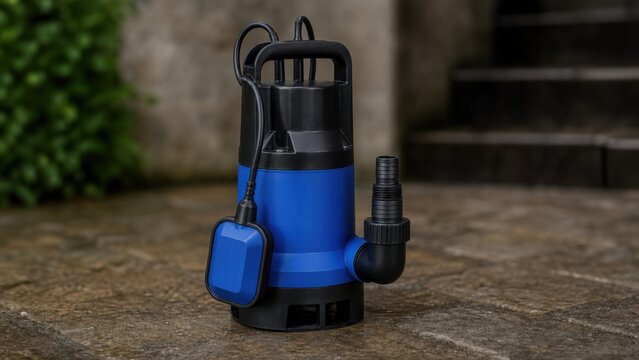 A blue and black submersible water pump with a float switch, standing outdoors on a stone surface, ready for drainage.
