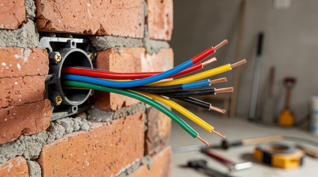 Exposed electrical wires in various colors coming out of a junction box set into a brick wall during a home renovation project.