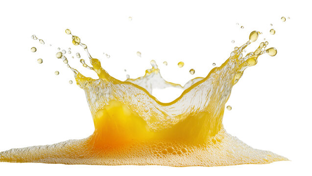 Bright yellow liquid splash with droplets and foam, isolated on transparent background