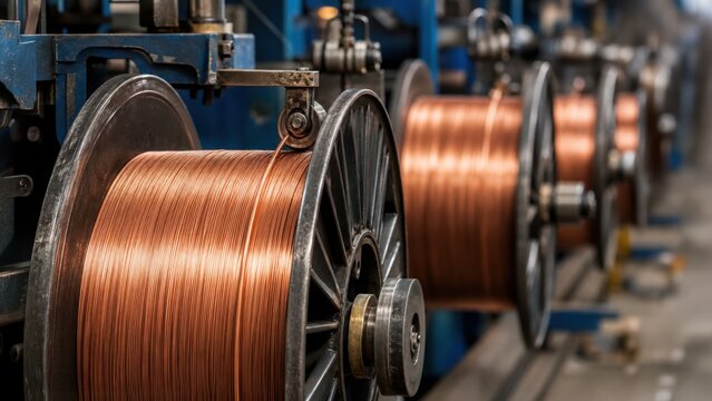 Large spools of shiny copper wire on an industrial production line. A close-up of the cable manufacturing process in a factory setting.