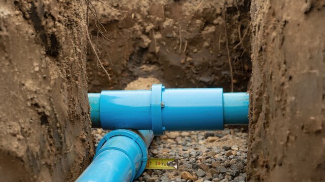 Underground installation of blue PVC water pipes in a trench. Utility construction and plumbing infrastructure work.