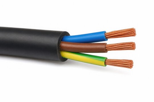 A black three-core electrical cable showing its insulated copper wires (blue, brown, yellow/green) against a plain white background.