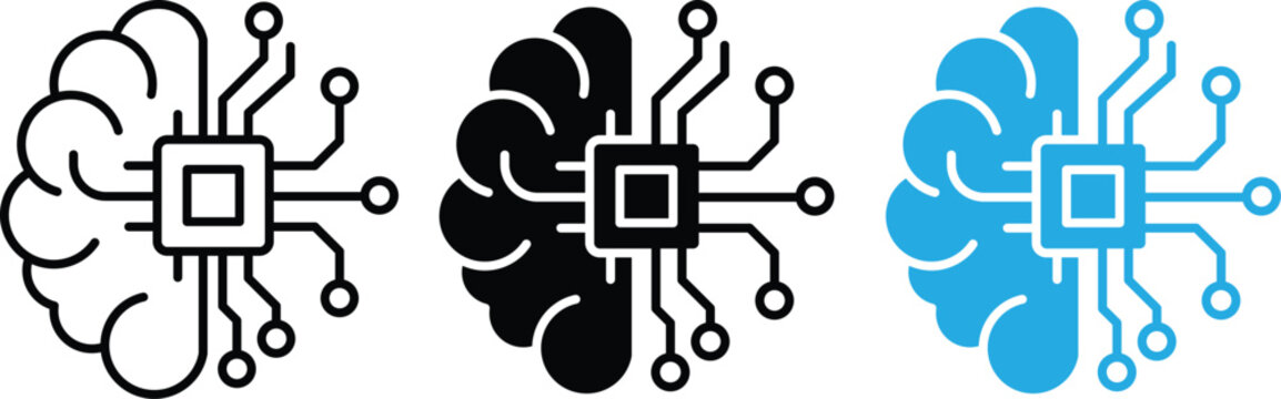 Artificial Intelligence Brain Chip Icon Set in Outline Glyph and Flat Style for AI Technology and Neural Network Concept