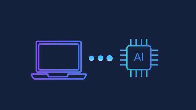 Animated motion graphics showing a smartphone icon connecting to an AI processor chip via pulsing dots. Concept of mobile artificial intelligence, machine learning, and smart device processing.