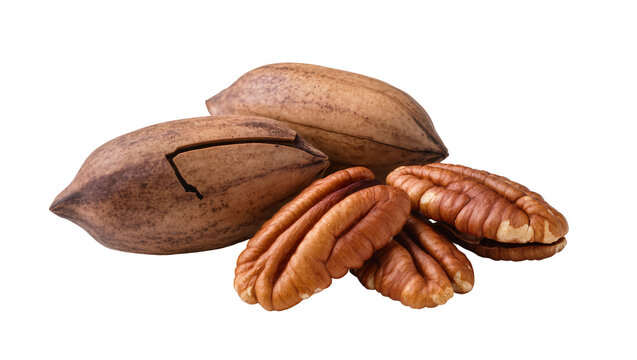 Whole and shelled pecan nuts, isolated on transparent background