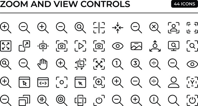 Zoom And View Controls Icon Set With Magnifier Tools Screen Navigation And Minimal Interface Symbols For Digital App Design