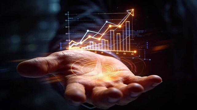 Hand holding glowing holographic data charts with bars and arrows