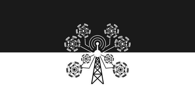 Black and white illustration of a cell tower with flowers.