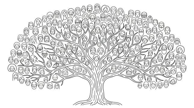Family tree illustration with portraits of ancestors as leaves.