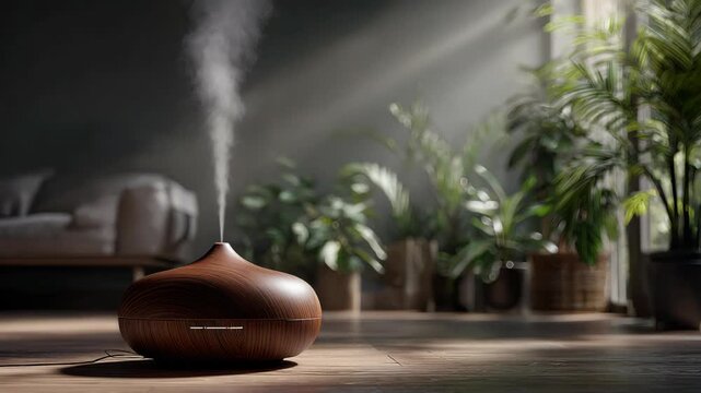 Wooden aroma diffuser emitting steam in living room
