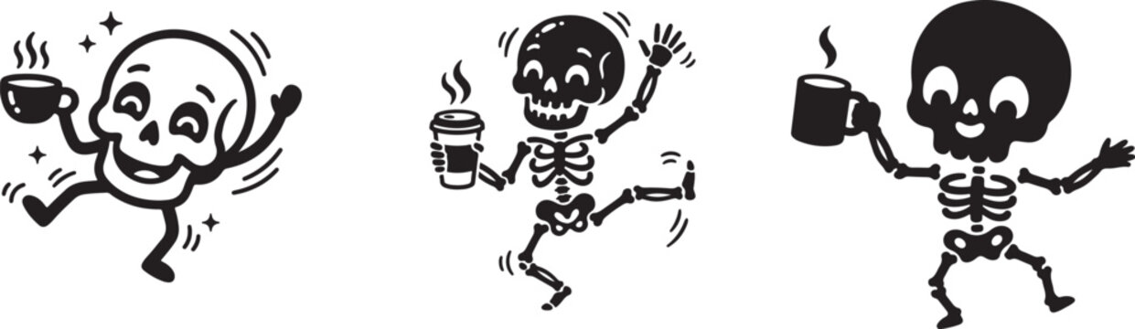 Three cartoon skeletons drinking coffee playful illustration silhouette