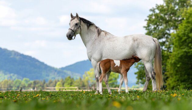Mare nursing foal with field.