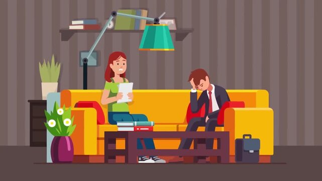Professional Counselor or HR Manager Talking to Depressed Employee on Sofa Workplace Mental Health 2D Animation
