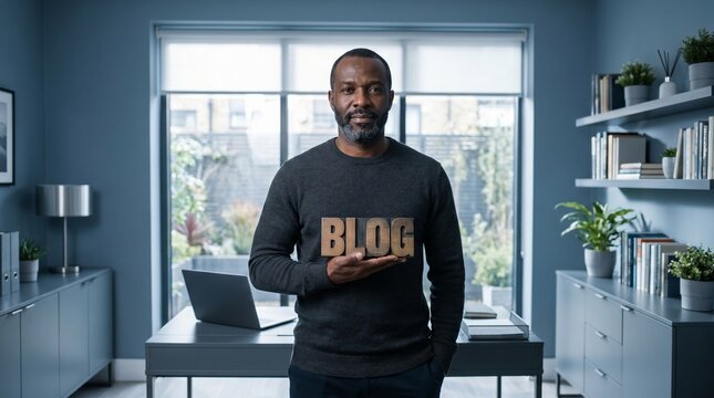 Man wearing a dark sweatshirt with the word BLOG stands in a bright modern home office with desk, shelves, laptop, and large windows behind him.