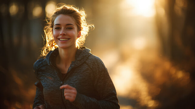 A smiling woman jogging in a forest with sunlight shining through trees