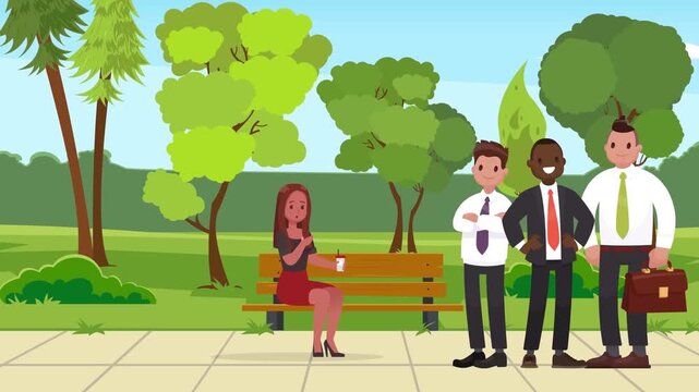 Group of Diverse Multiethnic Friends and Business Professionals Socializing Together in Public Park 2D Animation