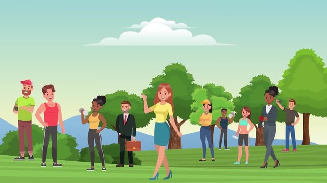 Group of Diverse People Gathering Outdoors in Public Green Space Community Event or Protest 2D Animation
