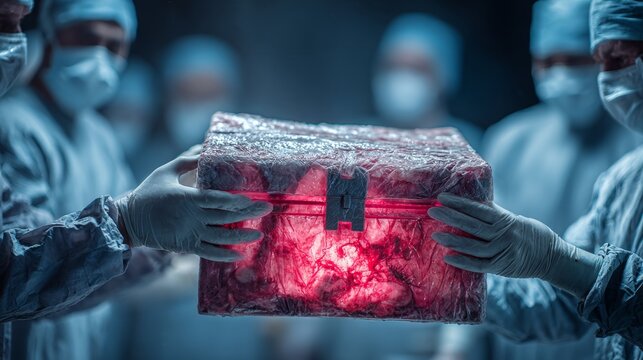 Scientists in protective gear holding glowing biohazard container