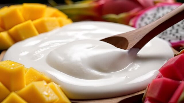 Creamy Yogurt Swirl with Fresh Tropical Fruits Closeup.