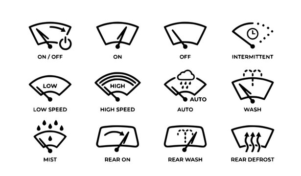 Minimal windshield wiper icon set rain cleaning system car dashboard symbols vector illustration collection