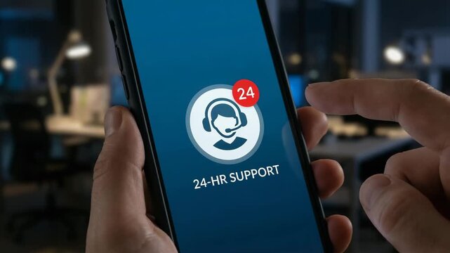 24-Hour customer support on a mobile phone for the concept of help and support.