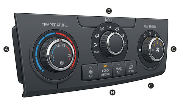 Realistic car dashboard AC control knobs and air conditioning indicator system vector illustration