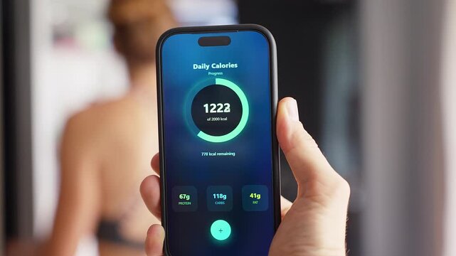 Cinematic Close Up of Smartphone Showing Daily Calorie Counter App While Woman Opens Refrigerator in Background, Healthy Nutrition and Fitness Routine