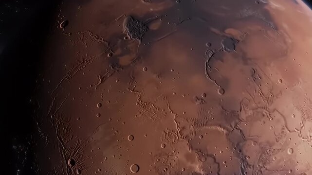 Planet Mars. Craters and dusky marks mar the planet's surface in rusty, reddish hues