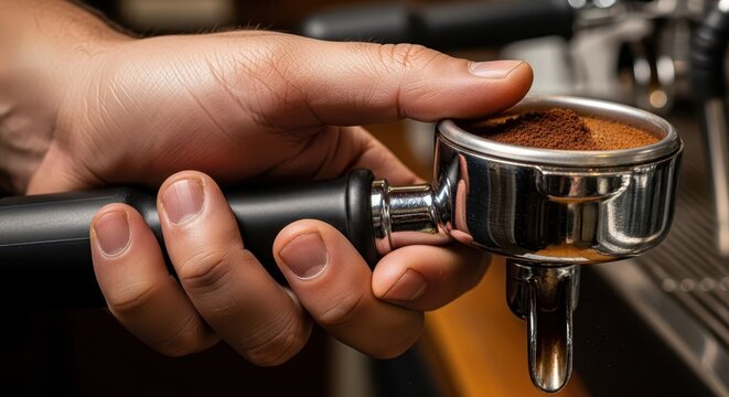 Professional Barista Hand Holding Portafilter with Freshly Ground Coffee for Espresso Prep