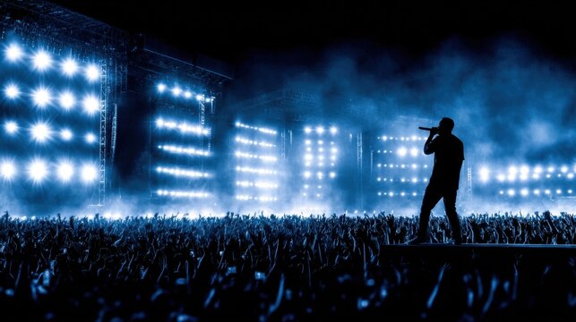 A dynamic concert scene featuring a performer silhouetted against vibrant stage lights and crowd
