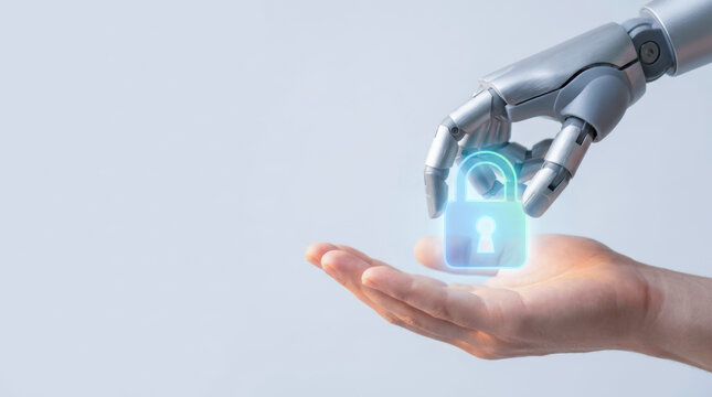 AI cybersecurity strategy concept with robot hand and human hand holding glowing lock symbolizing secure technology