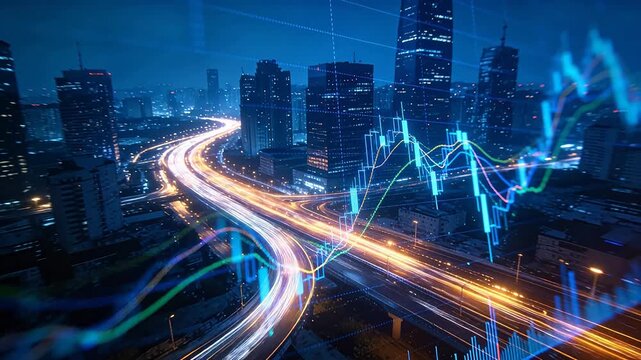 Night city skyline with traffic light trails and financial stock chart data visualization