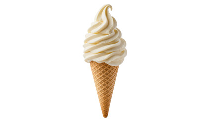 Creamy vanilla soft serve ice cream in a waffle cone, isolated on transparent background