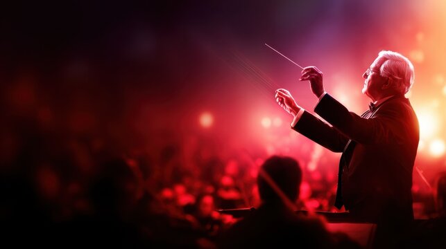 A conductor passionately leads an orchestra, illuminated by vibrant red and soft light against a blurred crowd