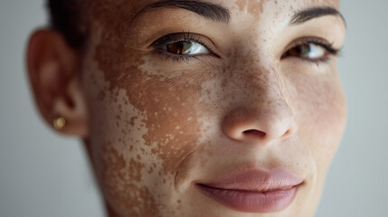 Obraz premium Close up portrait of smiling woman with vitiligo skin condition, natural beauty and diversity concept promoting self acceptance, confidence and inclusivity.