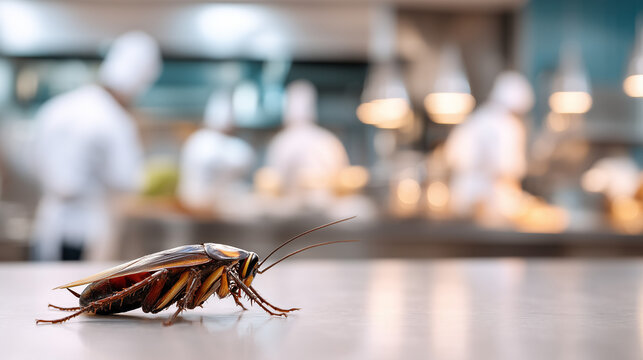 Cockroach on restaurant kitchen counter with blurred chefs in background, pest control and food hygiene violation concept in commercial kitchen.