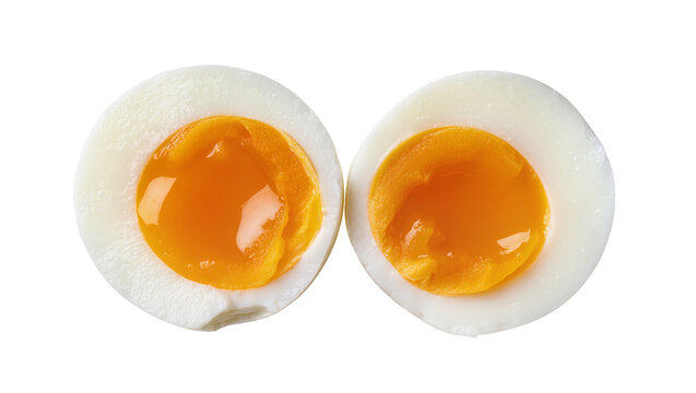 Two halves of a soft-boiled egg with runny orange yolks, isolated on transparent background