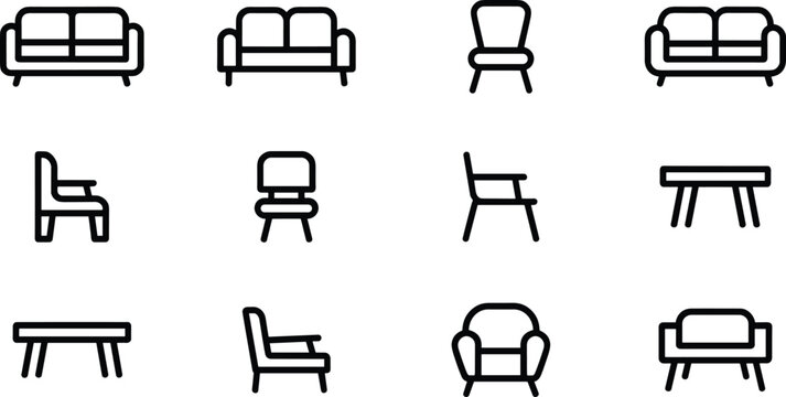 Minimalist Line Icons Showing Various Furniture Styles in Neutral Monochrome Design flat-design-icons modern-interior minimalist-graphics home-decor-inspiration vector-illustrations